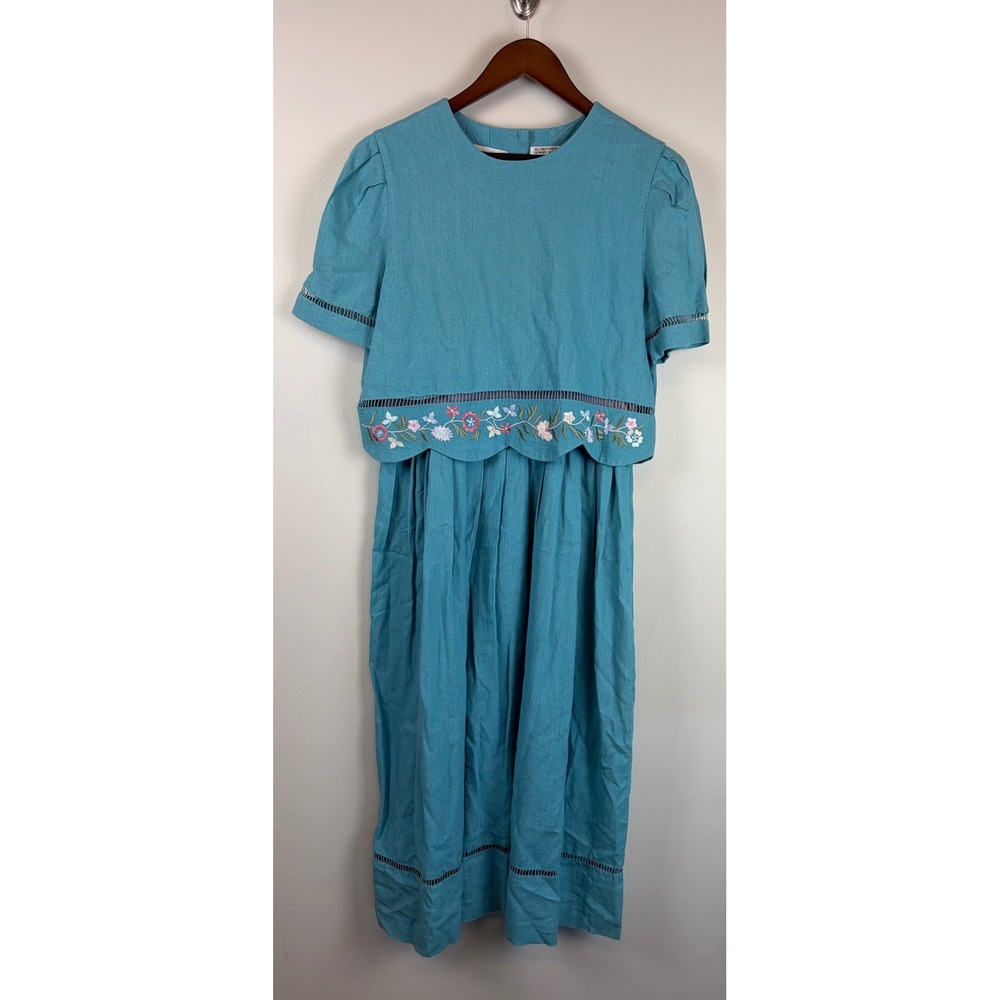 Vintage 90s Karin Stevens Maxi Dress 6 Blue Floral Embroidered Scallop Cottage